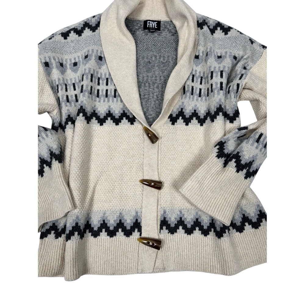FRYE Cream Shawl Collar Cardigan with Black & Gray Fair Isle Inspired - Picture 2 of 9